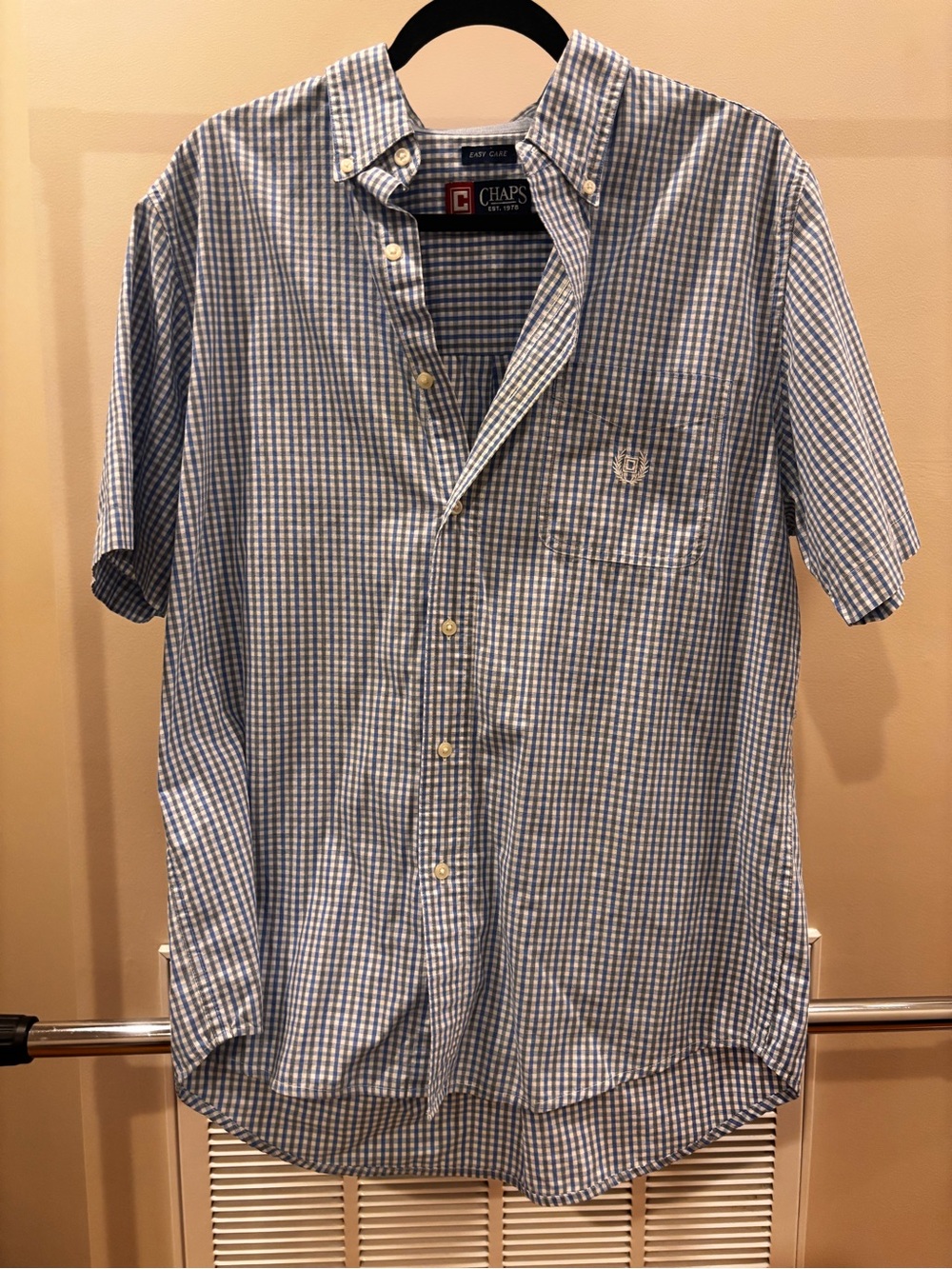 Chaps Blue and White Gingham Short-Sleeve Button-Down Shirt